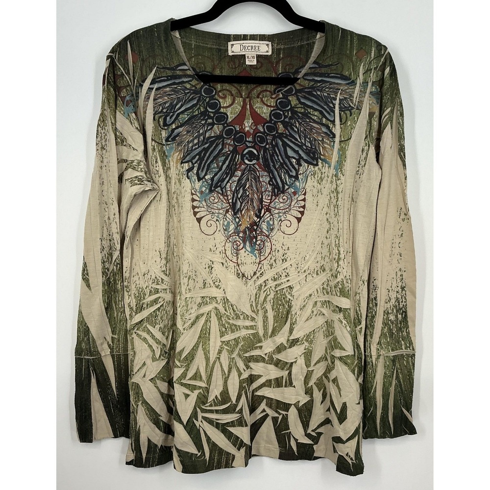 Decree XL Long Sleeve Statement Graphic Top Green Cream Bamboo Nature Print
